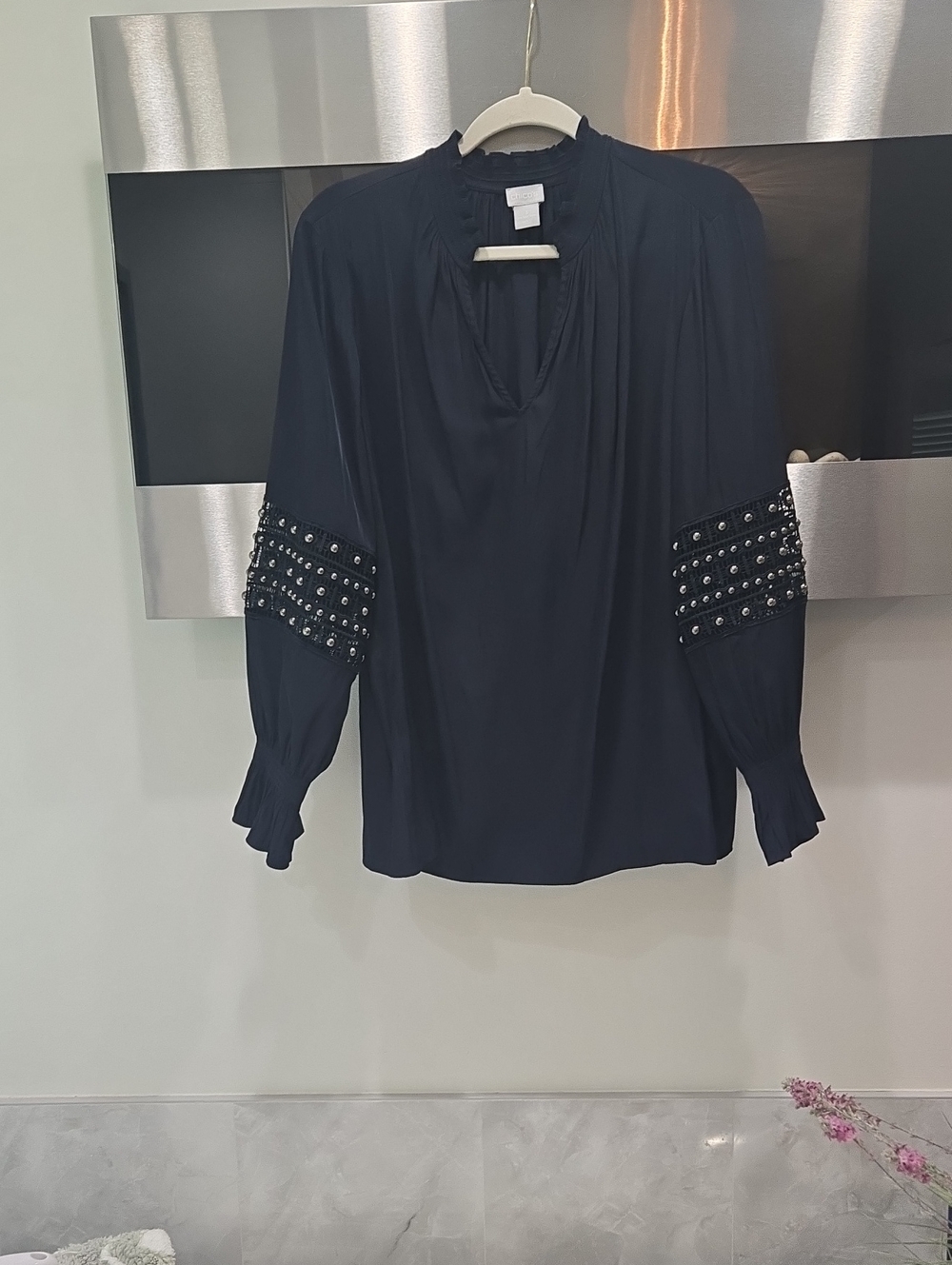 Chicos  Silver Beaded Trim Black Blouse -